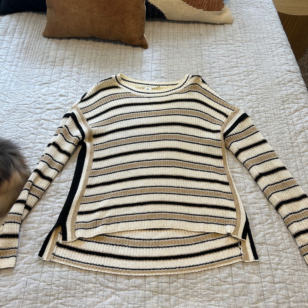 Max Studio, women's winter sweater, striped tan/black/white, size M